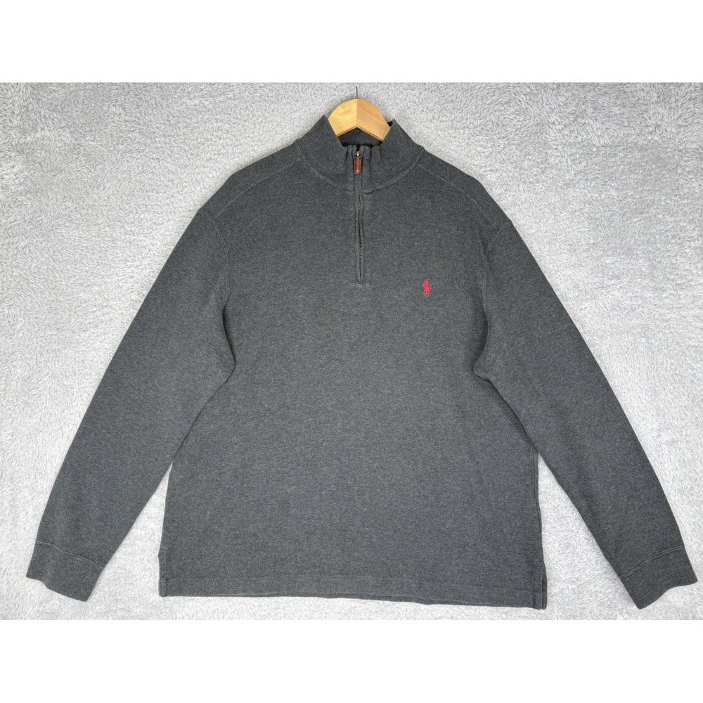 Polo Ralph Lauren Mens L Gray 100% Cotton Quarter Zip Sweater Red Pony Logo